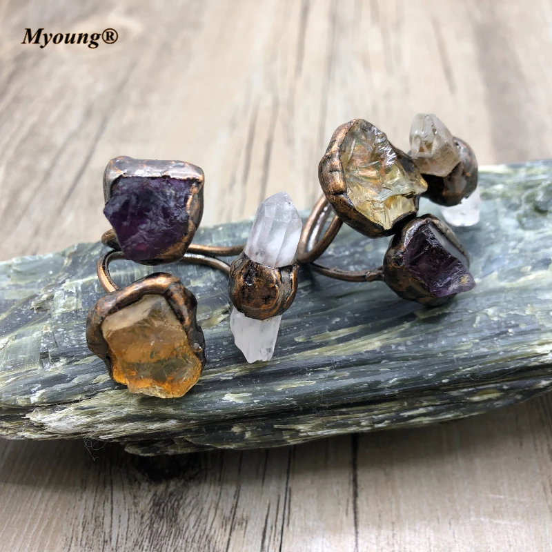 10PCS Boho Vintage Charming Three Stones Ring Natural Crystal Quartz Amethysts Citrines Vintage Ring For Women Jewelry MY210431