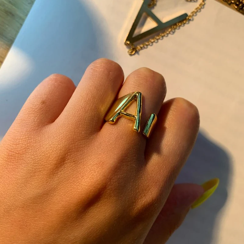 Initial A-Z Letter Rings For Women Stainless Steel Ring Alphabet Name Adjustable Finger Ring Jewelry Gift Bijoux Femme Chunky