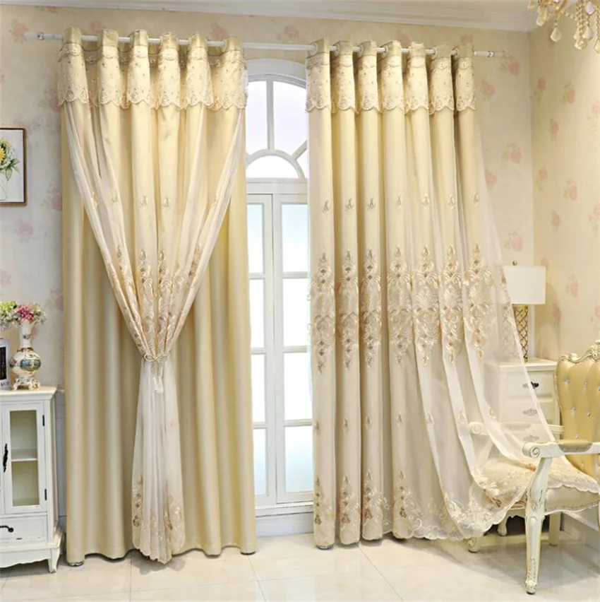 European Luxury Blackout Embroidery Curtains for Living Room Nordic Chenille Finished Drape Flower Beige Tulle for Villa