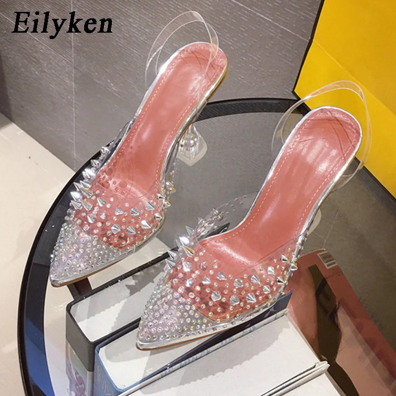 Eilyken Gold Silver PVC Transparent Rivet Diamond Pumps Sandals Perspex Heel Pointed Toe Crystal Wedding Shoes