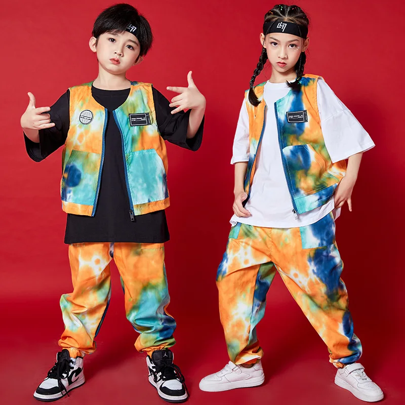 2024 Children Clothing Tie Dye Vest Loose Pants Street Dance Outfits Boys Girls Jazz Dance Performance Stage Costumes DQS8049