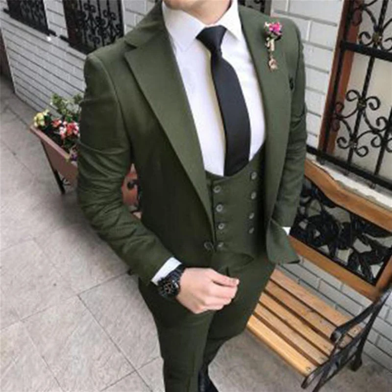 Dark Green Slim Fit Mens Suit for Wedding 3 Piece Set Jacket with Double Breasted Waistcoat Pants Groom Tuxedo Male Fashion