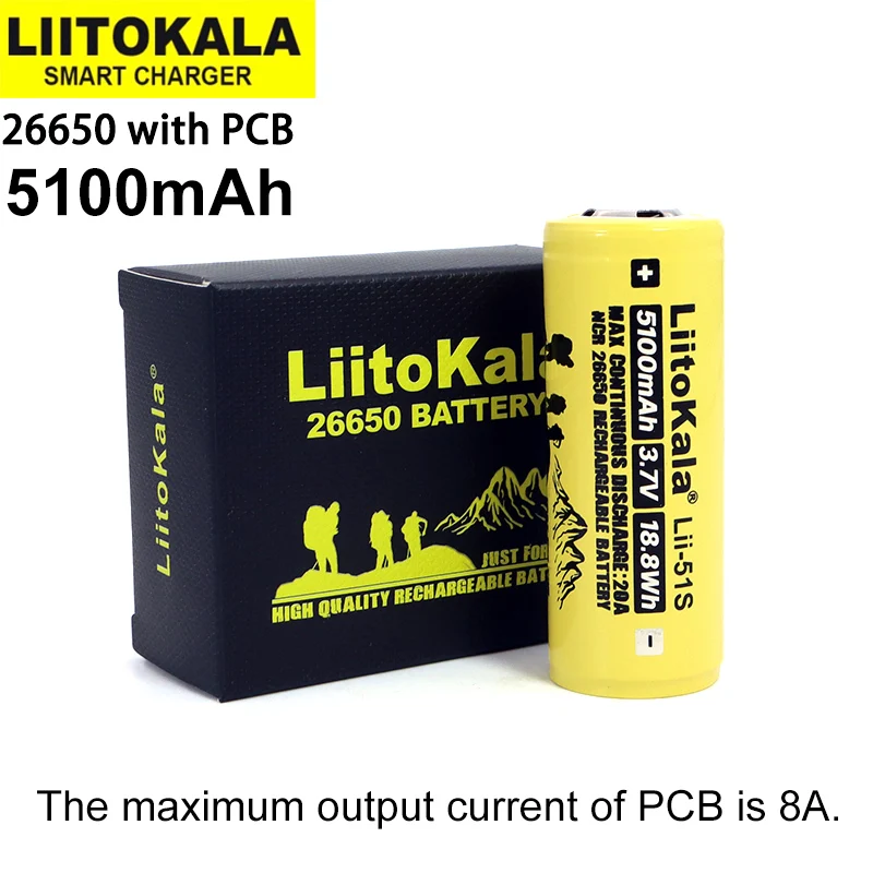 1-10PCS Liitokala LII-51S 26650 8A power lithium battery pack 26650A 3.7V 5100mA Suitable for flashlight PCB protection