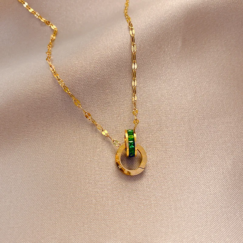 Double Ring with Green Diamonds 18k Yellow Gold Pendant Necklaces for Women Clavicle Chain Gold Necklace Fine Gold Jewelry Gifts