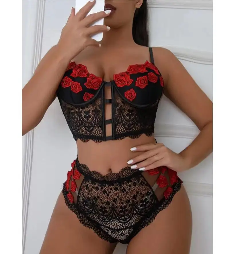 

Sexy Womens Underwear Mesh Perspective Sexy Lingerie Rose Floral Embroidery Lace Bra Thong Set Sensual Lingerie Woman Sexy Under