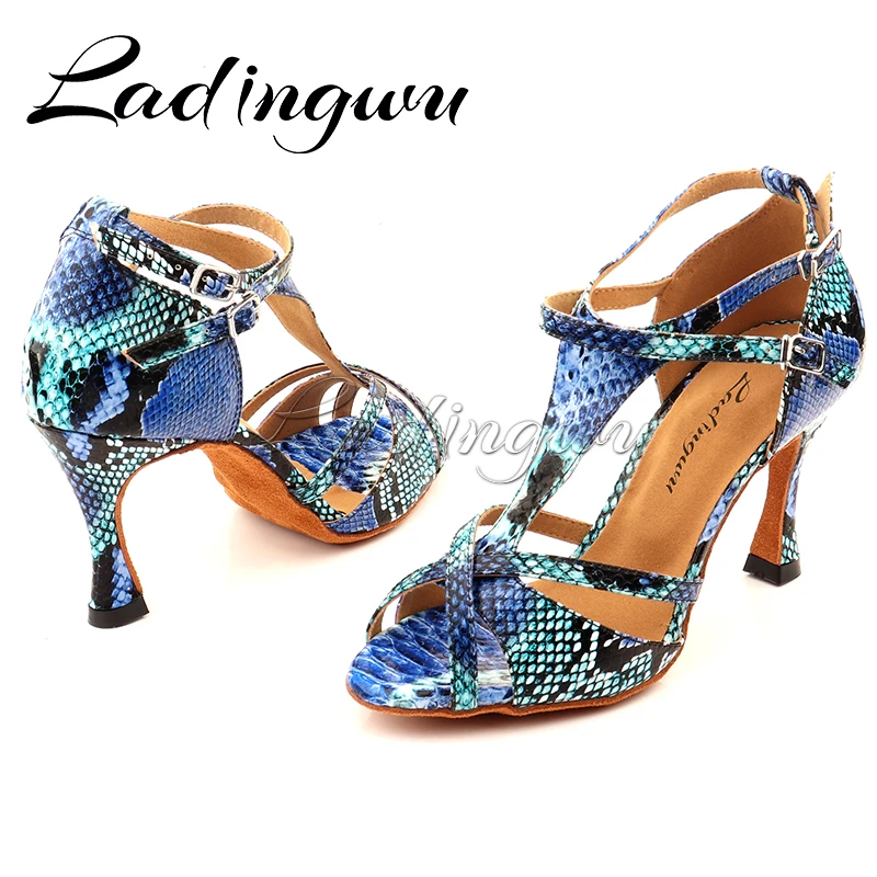 Ladingwu Dance Shoes Latin Women Salsa Dance Shoes Blue Snake Pattern Girls Party Performance Professional Dance Shoes Ballroom