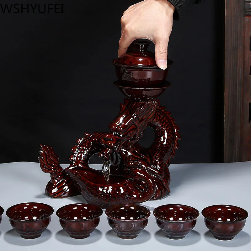 9 pcs / set Ceramics Lazy Man Tea Set Portable stone grinding semi-automatic porcelain Dragon teaware Tea ceremony supplies