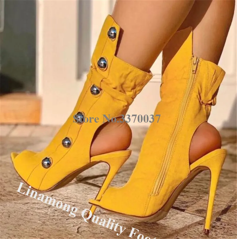 

Linamong Brand Design Studded Peep Toe Suede Leather Stiletto Heel Short Gladiator Boots Metal Button Decorated Ankle Booties