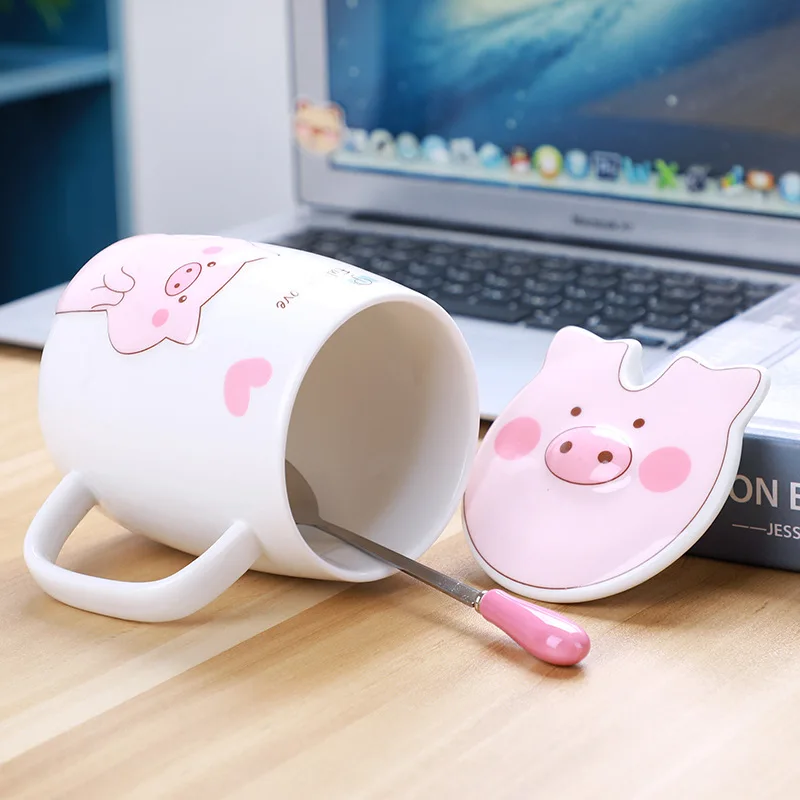 500mL Ceramics Cute Pig Mug with Lid Spoon Coffee Milk Tea Cup Water Drinking Glasses Tumbler Creative Gift Drinkware