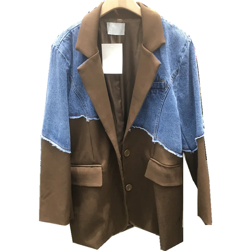 

Fashion chic denim patchwork suit jacket women's 2023 spring new Korean style vintage loose contrast color blazer female coat