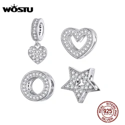 WOSTU Shiny Zirconia Charm 100% 925 Sterling Silver Heart Star Round Bead Pendant Fit Original Bracelet DIY Jewelry Accessories