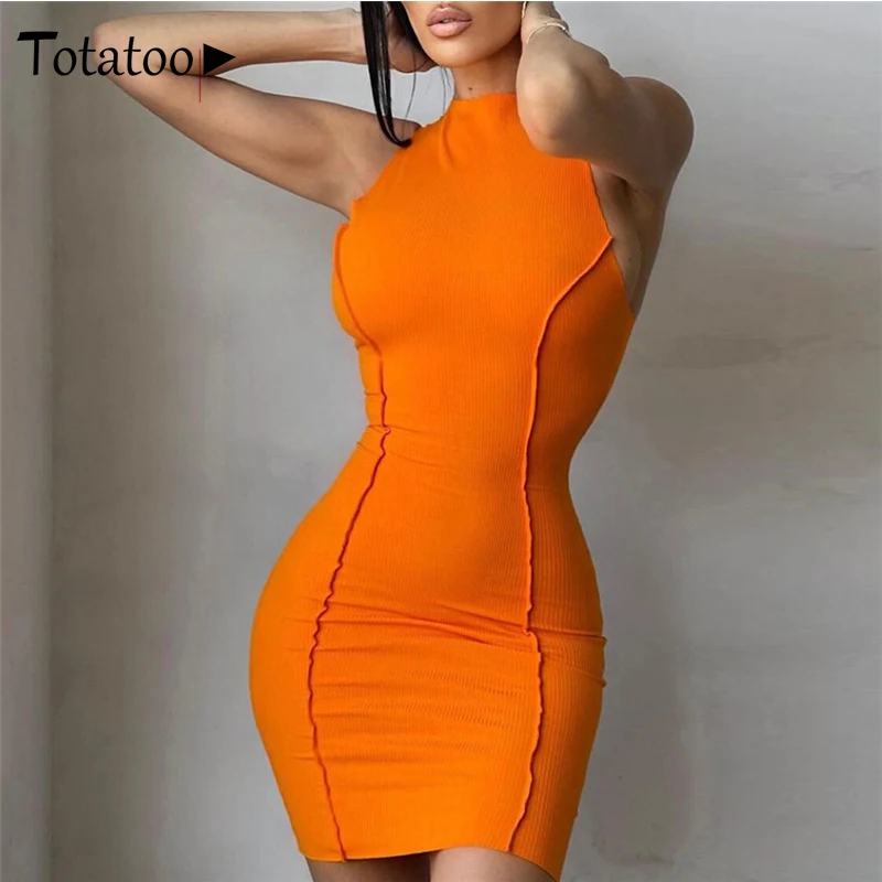 Totatoop-Ribbed Knitted Bodycon Summer Dress for Women, Sleeveless Fitness Clubwear, Sexy Dress, Vintage Orange Vestidos, 2021