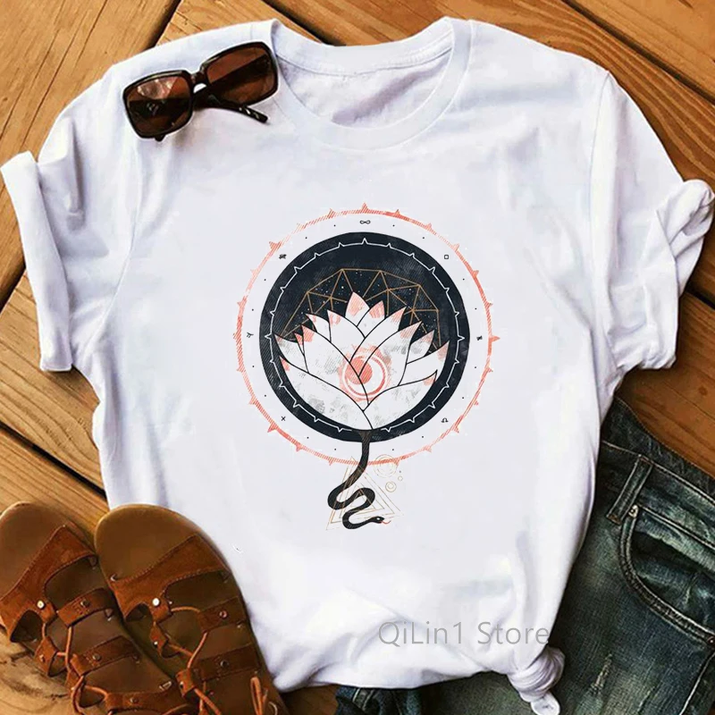 

Women Lotus Graphic T Shirt 90s Short Sleeve O-Neck Buddha Print Clothes Lady Summer Female Harajuku Tees Tops