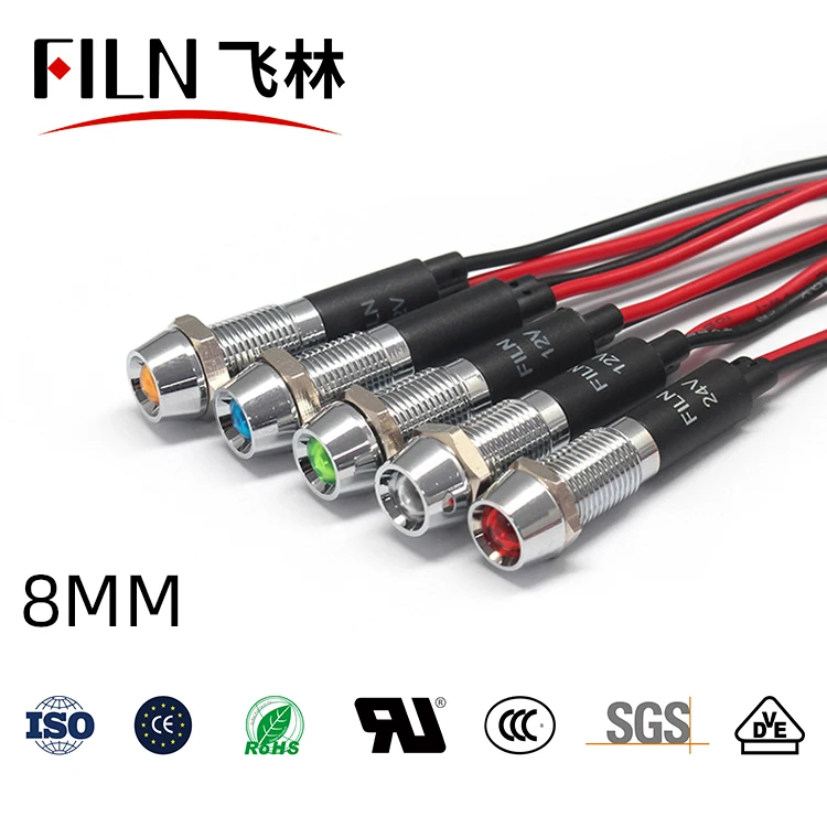 FILN  8mm mounting hole IP67 waterproof 12v 24v 220v 110v  pilot lights long-life led indicator light with cable