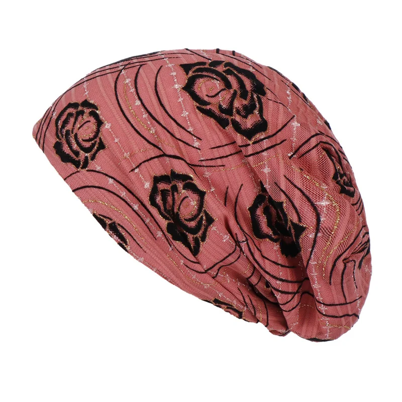Turbante de encaje de flores rosas creativas para mujer, gorros de bufanda, gorro musulmán, gorro de quimio, accesorios para el cabello, envoltura