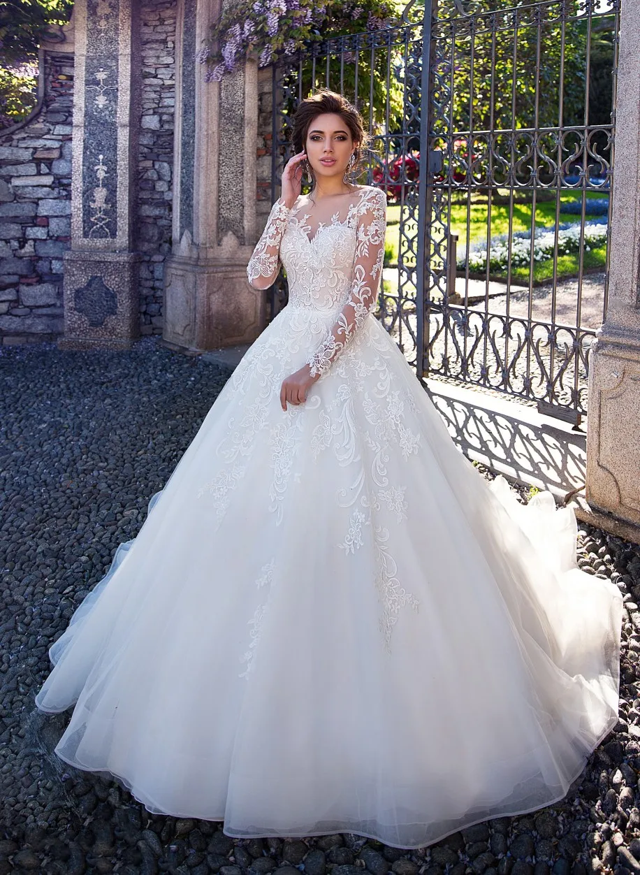 Elegant Ball Gown Tulle Wedding Dresses With Long Sleeve Illusion Lace Appliques Vintage Bridal Gown Boho Princess Party Dress