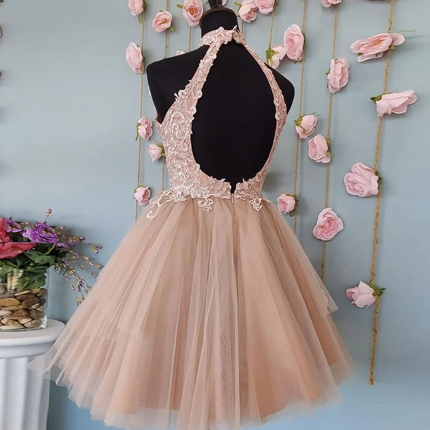 Lace Prom Dresses Pink Short Ball Gown Halter Neckline Appliques Sleeveless Formal Party Evening Gowns OPen Back Mini