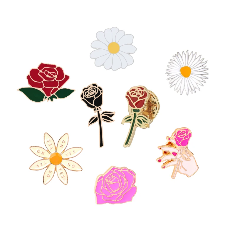 Flowers Badge Cartoon Fashion Brooches Enamel Pins Daisy Red Black Rose Women Clothes Collar Lapel Pin Accessories Jewelry Gifts