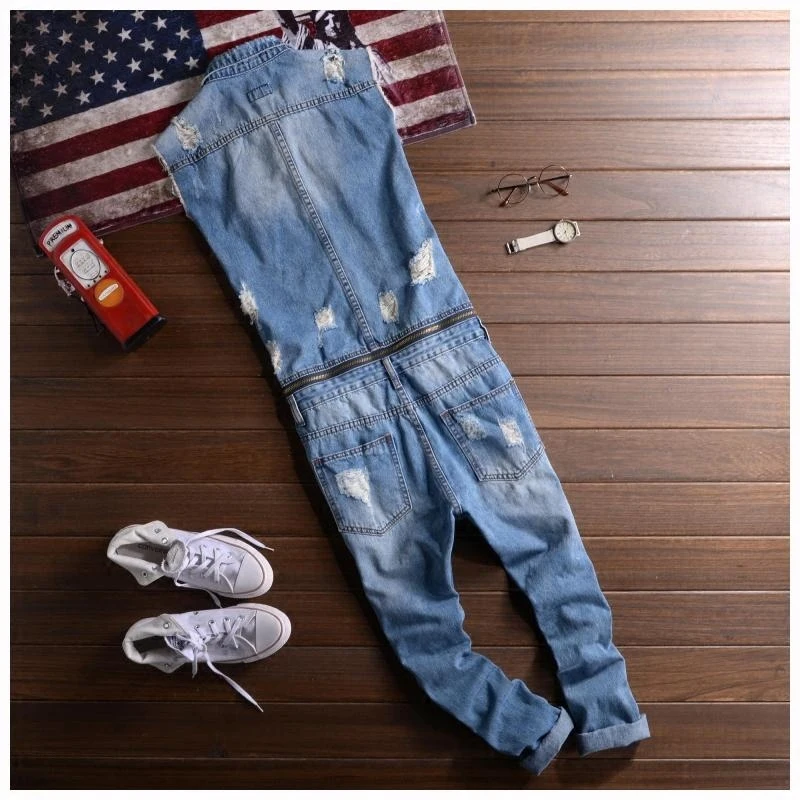 Summer Sleeveless Lapel Overalls Men's Denim Jumpsuit Hole Hip-Hop Ripped Waist Detachable Jeans Casual Blue Pants Trousers
