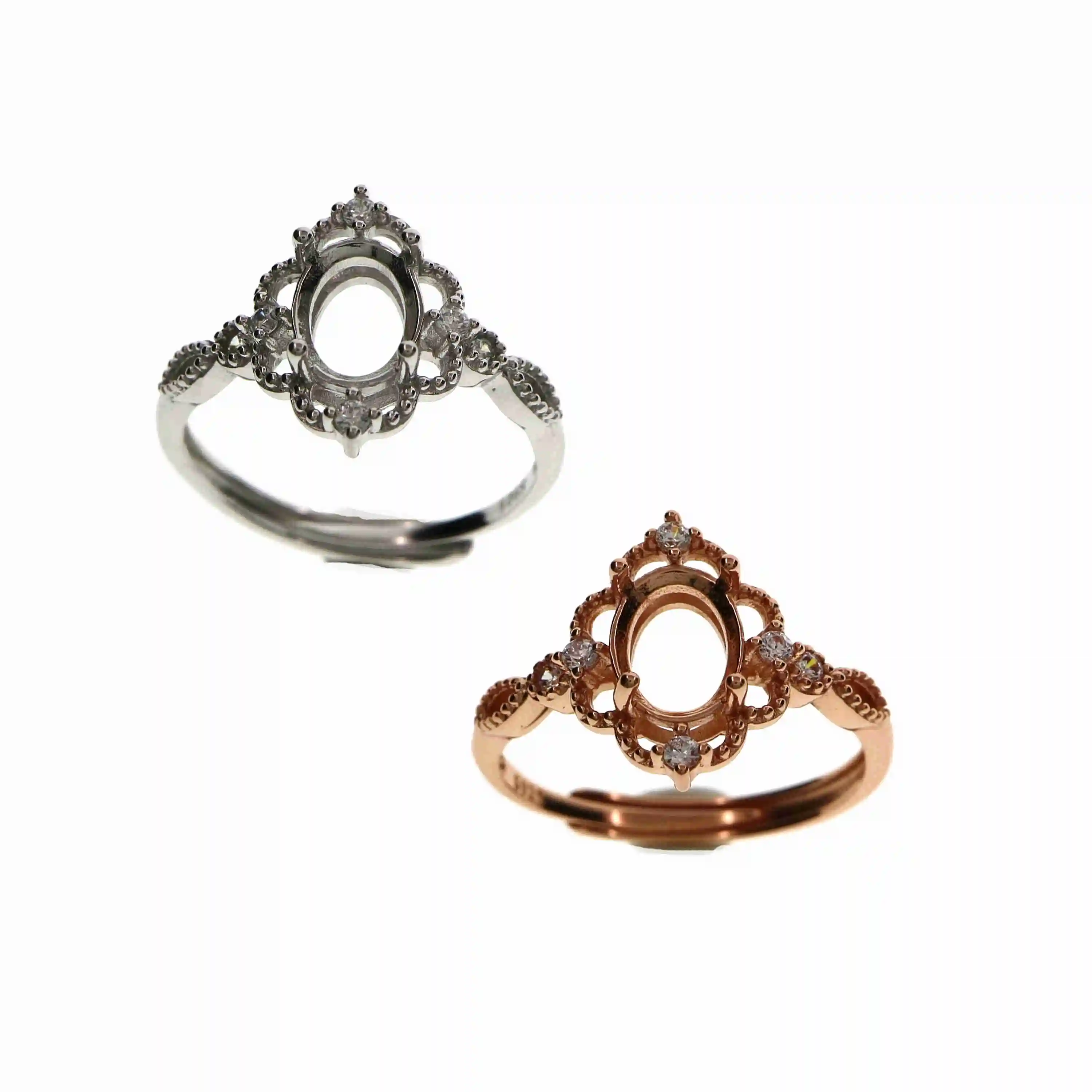 Multiple sizes oval rose gold silver Gems CZ stone prong bezel solid 925 sterling silver adjustable ring settings 1224009