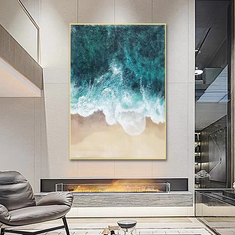 

Nordic Living Room Decorative Painting Blue Ocean Waves Hand-painted Oil Painting Sofa Bedroom Background Wall Canvas Painting