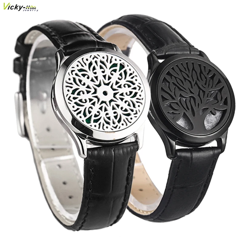 Black Genuine Leather Man Woman 30mm  Aroma Locket Bracelet Stainless Steel Bangle Essential Oils Aromatherapy Locket Bracelet