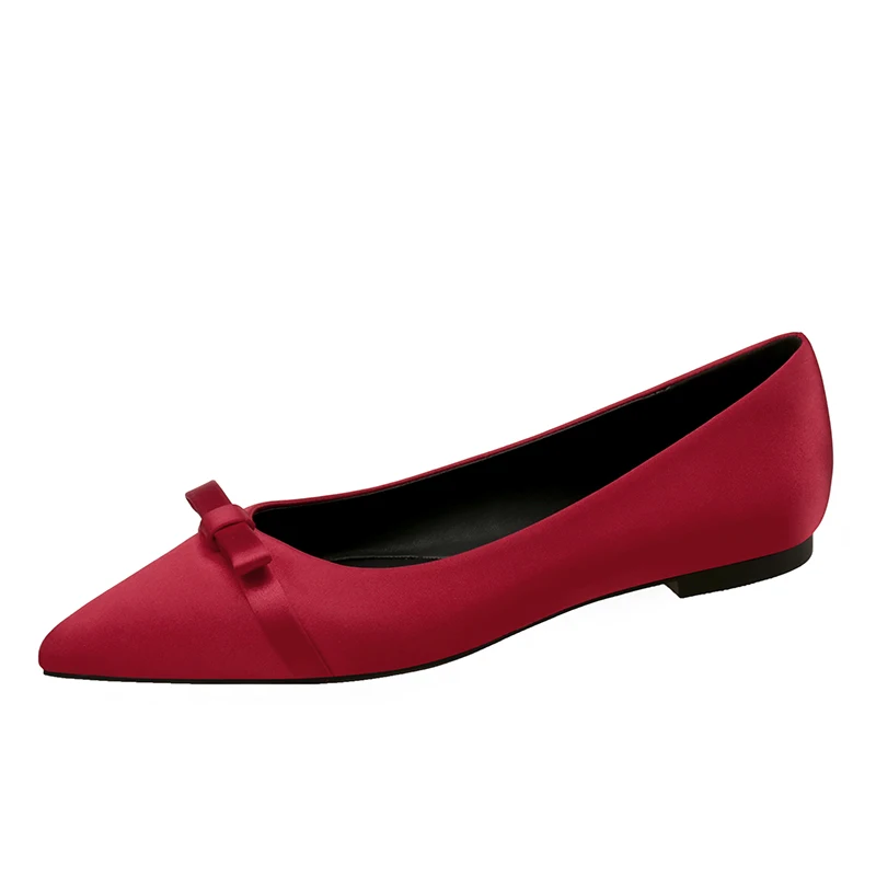 Spring Summer Women Flats Red Silk Black Flats for Women Dressy Comfort Champagne Gold Flat Heel Shoes for Ladies Pointed Toe 46