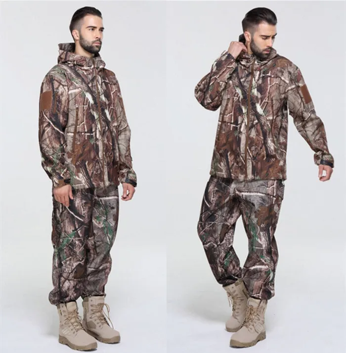 Shark Skin Soft Shell Tactical Jacket Pants Suit Men Waterproof Fleece Jackets Tree Camouflage Coat Camping Hunting Suits