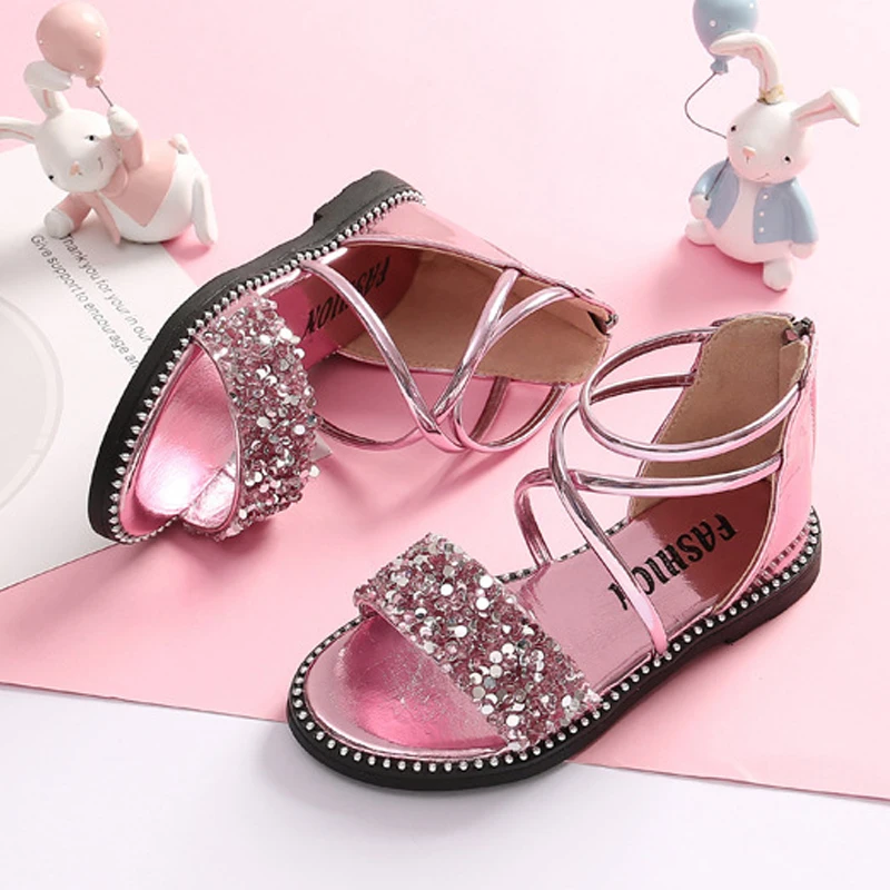 Sequin Summer Sandals for Girls Gold Birthday Party Shoes Kids Princess Shiny Zipper Sandals Flower Girls Gladiator Boho 4 years