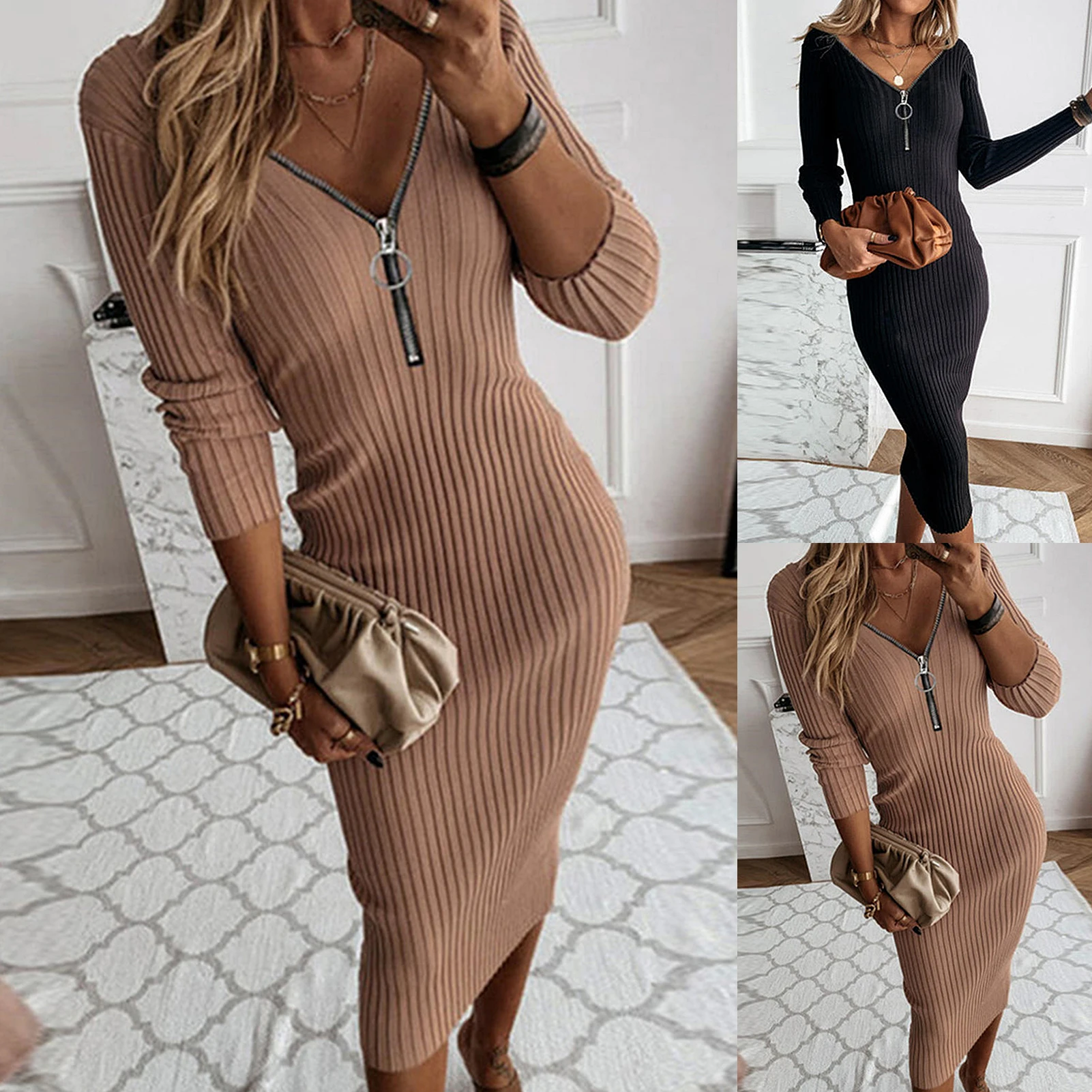 Elegant Dress Women Autumn Sexy Zip V Neck Long Sleeve Backless Slim Ribbed Knit Bodycon Midi Sweater Dress Party