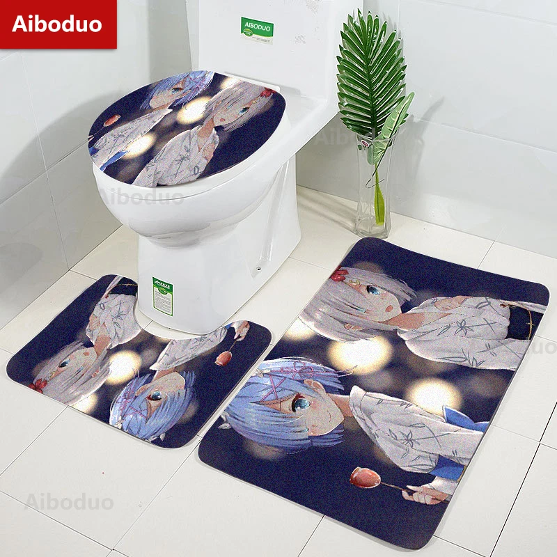 Aiboduo Kawai Anime Girl Rem Ram 3pcs/set Toilet Lid Cover Set NonSlip Carpet Bath Mat Re Zero Warm Home Decoration Restroom Rug