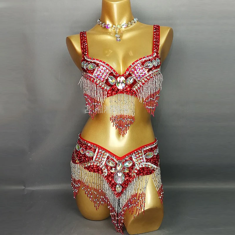 

New Arrival Women'S Beaded Belly Dance Costume Wear Bar+Belt 2pc Set 11 Colors Ladies Bellydancing Costumes Stage Clothes DL6279