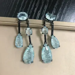 Bilincolor Fashion Long Broken Zircon Oval Blue Tassel Drop Earrings for Women