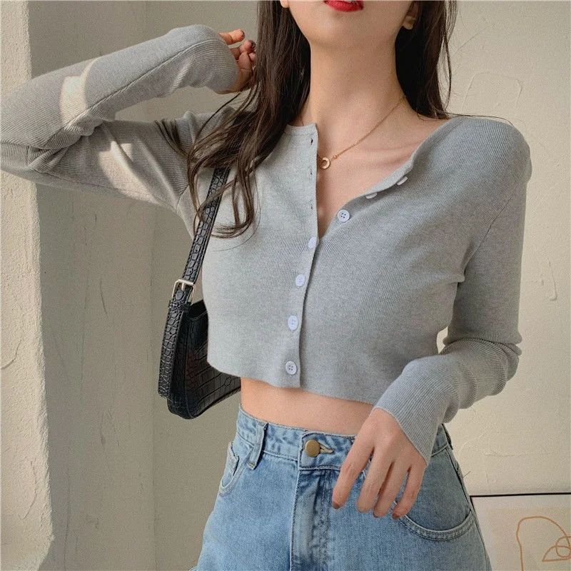 Cardigan da donna Solido O-Collo lavorato a maglia elastico stile Bm Trendy accogliente retrò fata dolce Kawaii Ulzzang All-match Crop Top Hot Slim