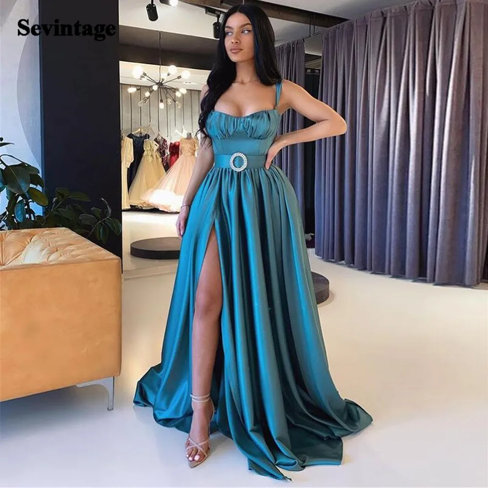 

Sevintage Peacock Satin Long Evening Dresses Side Slit Straps Simple Prom Gowns Crystal Beaded Belt Women Formal Party Dress