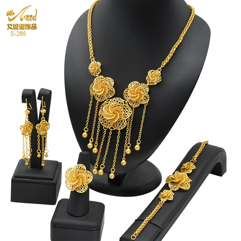 Luxury Dubai Jewelry Set 24K Gold Plated Big Nigerian Indian Necklaces Earrings Rings Sets Flower With Tassel Jewellery Wedding