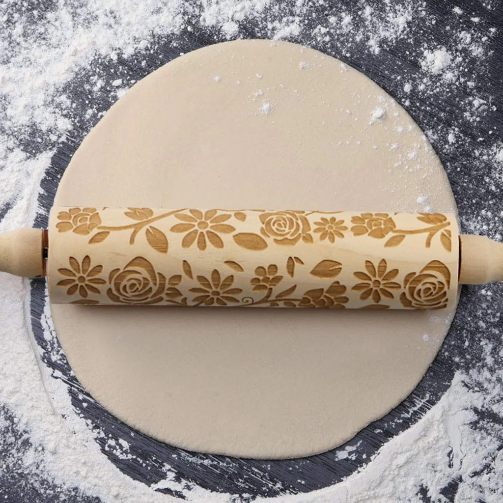 Wooden Spring Easter Bunny Radish Flower Painted Egg Rolling Pin Wood Embossed Rolling Pin Cookie Rolling Stick Texture Roller