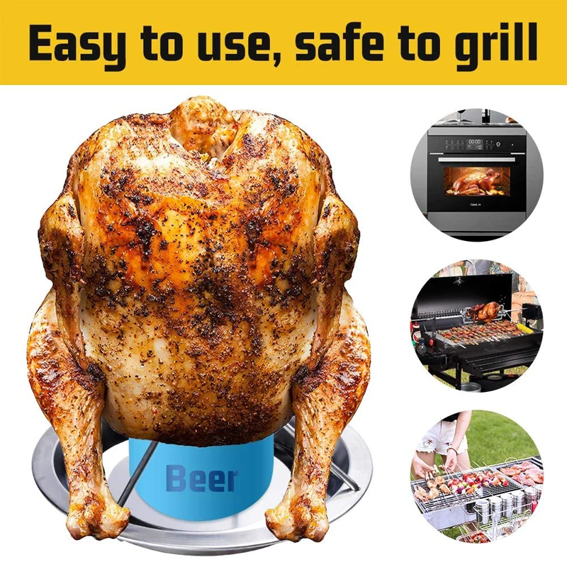 LMETJMA Chicken Roaster Rack With Bowl Carbon Steel Beer Can Chicken Turkey Roaster BBQ Grill Rack Stand Holder Tray KC0229
