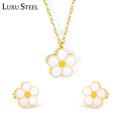 LUXUSTEEL Romantic Style Golden Color Flower Pendants Collars Necklaces bijoux Stainless Steel Stud Earrings Fashion Jewelry