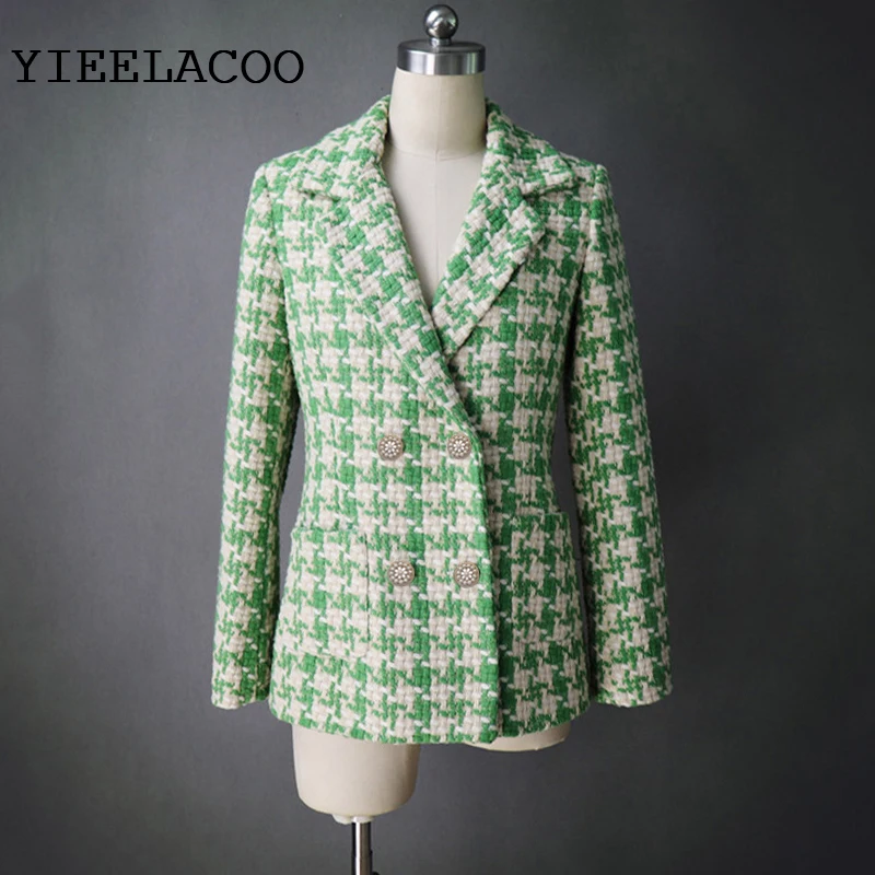 

Plaid Coat Green 2020 Spring / Autumn /Winter Women's Coat Jacket Tweed Burrs Houndstooth Pattern Long-Sleeved Jacket