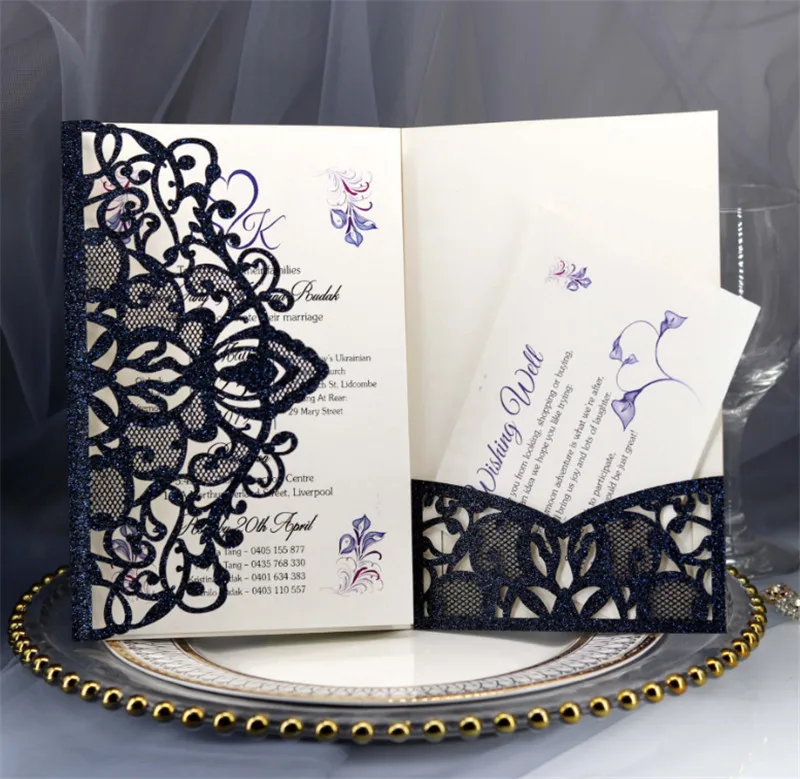 

Glitter dark blue pocket fold wedding card invitation flower laser cutting custom party friends invite.