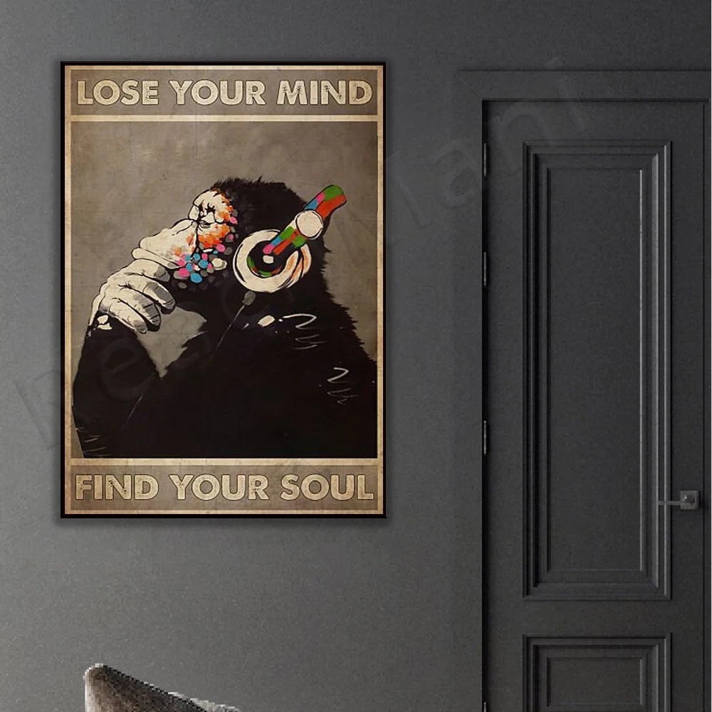 Lost your heart find your soul posters, music posters, retro music wall art, monkey listening gifts for music lovers, music art,