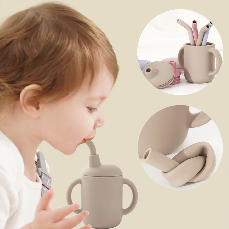 Customized Silicone Feeding Liquid Feed Straw Cup Foldable Children\'s Drinking Cup Double Leakproof Water Bottle Baby Stuff