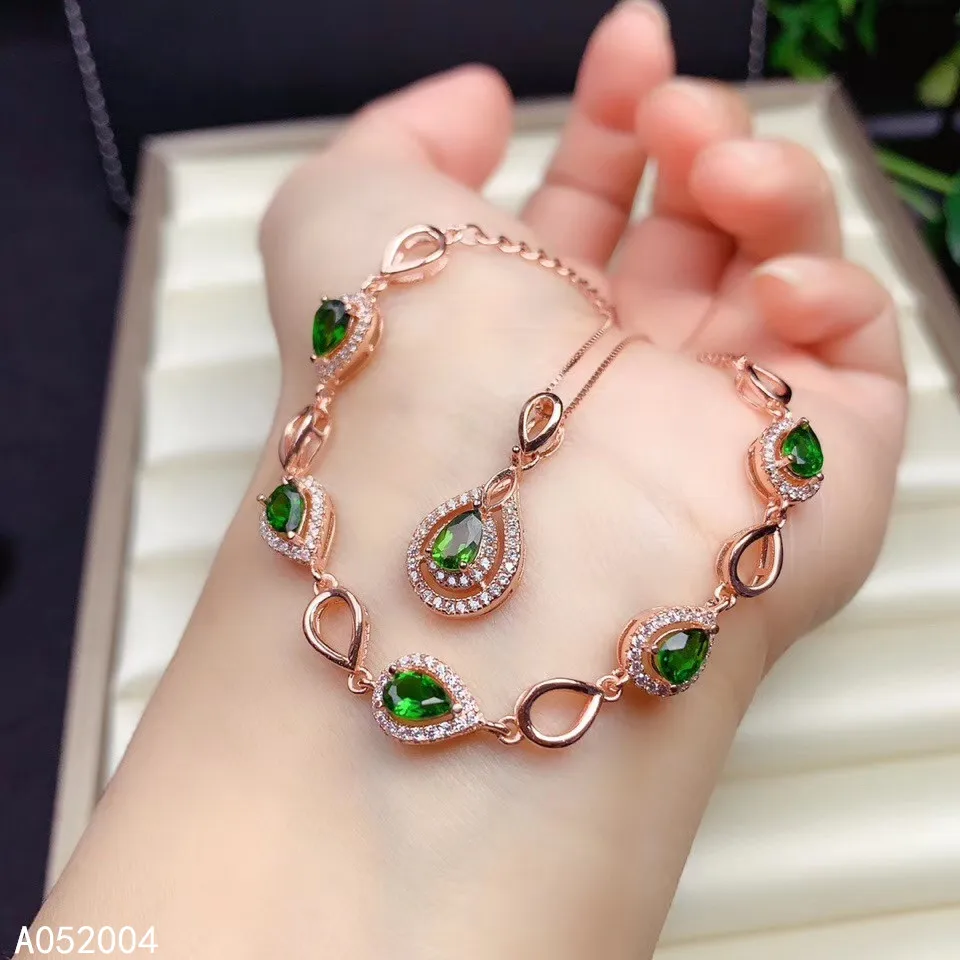 

KJJEAXCMY Fine Jewelry 925 sterling silver inlaid natural diopside female pendant bracelet set luxury supports test