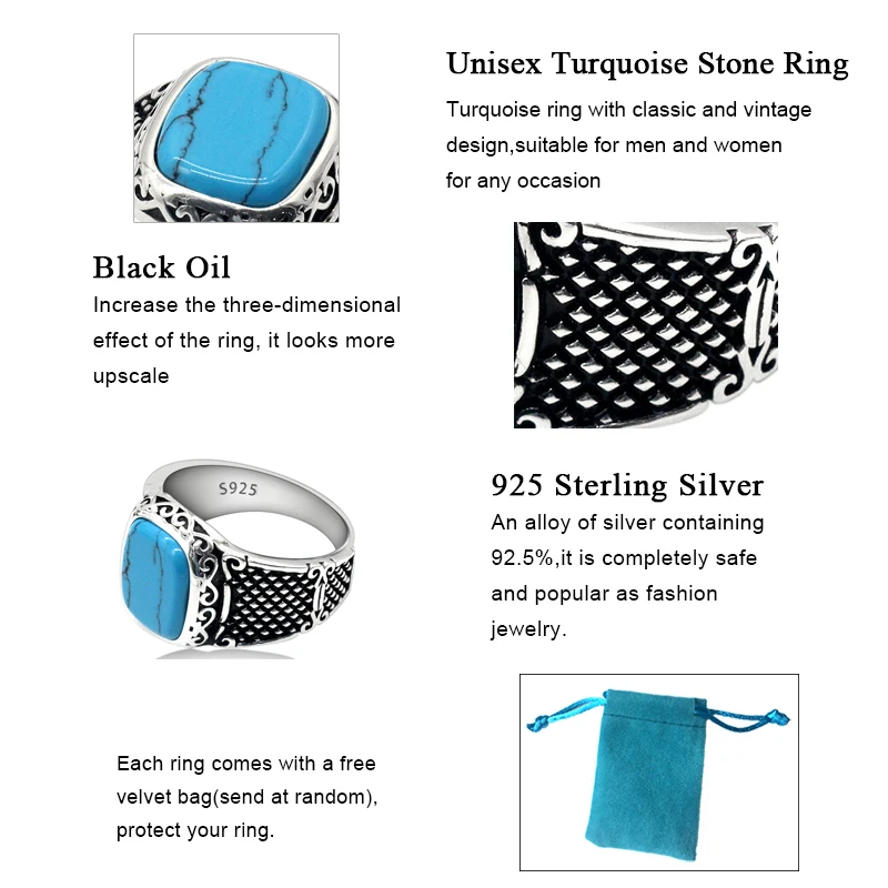 S925 خاتم من الفضة الإسترليني الفيروزية للرجال ، خمر ، بسيط ، يدوي الصنع ، عطلة ، هدية حفلة ، مجوهرات