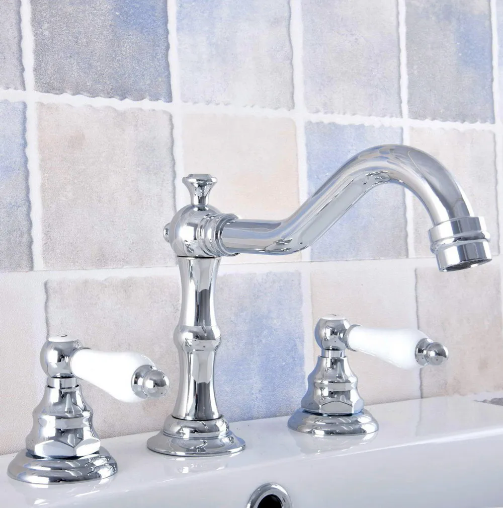 Imagem -04 - Prata Polido Latão Cromado Deck Montado Torneira da Bacia do Banheiro Generalizada Vanity Sink Toque Mixer Três Furos Duas Alças Anf540