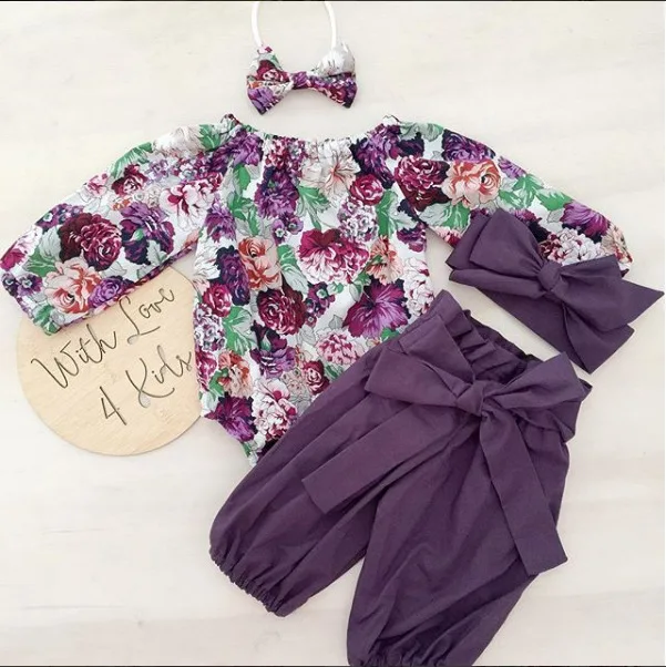 

0-24M Newborn Baby Girls Long Sleeve Flower Print Romper Solid Color Pants Bow Hairband 3PCS Outfits Summer Girls Clothes Set