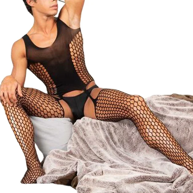 Fetish Underwear for Men\'s Body Stockings Man Fishnet Bodysuits Crotchless Lingerie Sissy Jumpsuit Male Erotic Porno Sleepwear