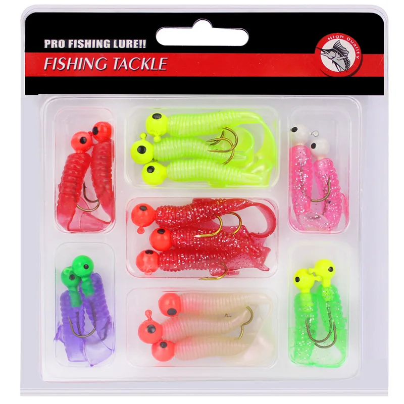 17pcs road 5cm soft bait with lead head hook 4g/7g single tail soft bait suit fishing gear whopper plopper trolling plastic lure