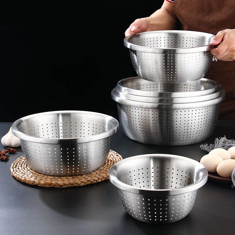 

Stainless Steel Drain Basket Colander Round Rice Cleaning Sieve Fruit Vegetable Washing Basin Strainer Filter Kitchen Utensils